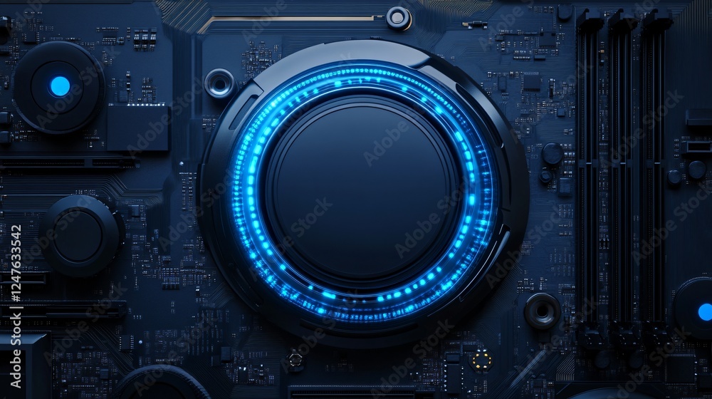 Fototapeta premium Sci-Fi Motherboard with Floating Glossy AI Chip, Electric Blue Circuits, and High-Tech Components. Copy space. Generative AI