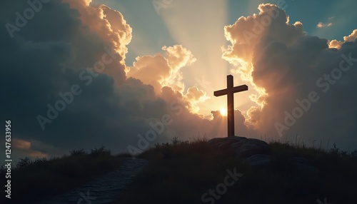 Silhouette cross on hilltop at sunset. Dramatic clouds frame cross in sky. Sunbeams pierce clouds symbol of faith. Spiritual image of religious significance. Possible setting for mountaintop church