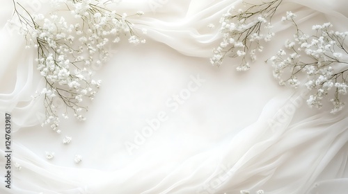 White flowers arranged on delicate white fabric