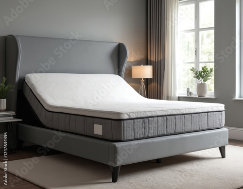 Adjustable bed with upholstered headboard, grey mattress. Modern bedroom design features grey bed frame, white mattress topper, grey upholstery. Room features carpet, grey wall, window with curtains, photo