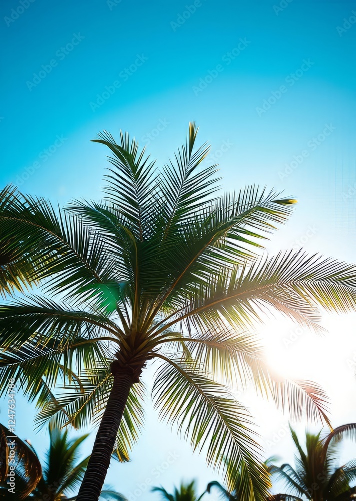 Fototapeta premium Tropical nature backround palm tree against blue sky with sun g bokeh green bokeh green abstract background light bright blur pattern