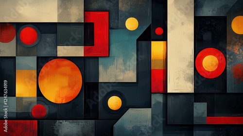 Abstract Geometric Composition with Red Orange Yellow Circles and Squares photo