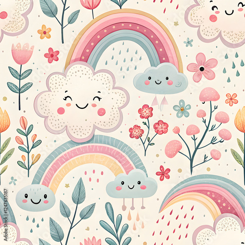 Adorable smiling clouds kawaii seamless pattern with spring vibe for yours Rainbow colored baby blankets, ow themed bath bombs, Cloud shaped nightlights, colorful clothing