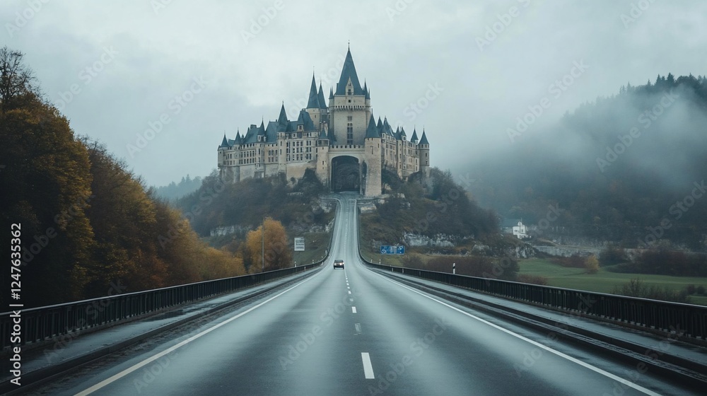 Fototapeta premium Majestic Castle and Road Leading Through the Misty Landscape on Cloudy Day