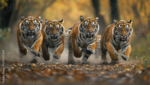 Four tigers running through autumn forest