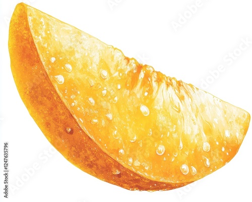 Close up of a bright yellow fruit slice with water droplets, isolated on a white background