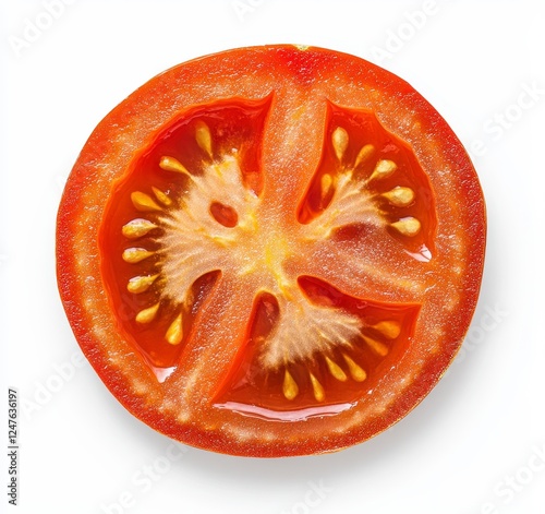 Wallpaper Mural Close up view of a tomato slice, exhibiting its red flesh and yellow seeds. High angle shot on a white background Torontodigital.ca