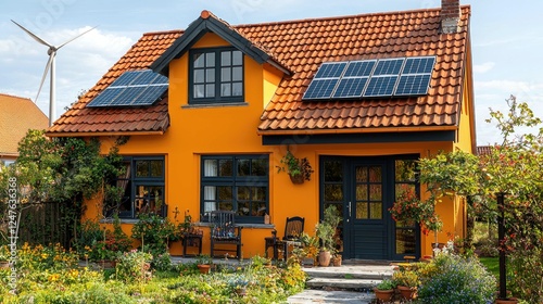 Wallpaper Mural Dream Eco-Friendly Home: Solar Panels, Orange Walls, and a Lush Garden Torontodigital.ca