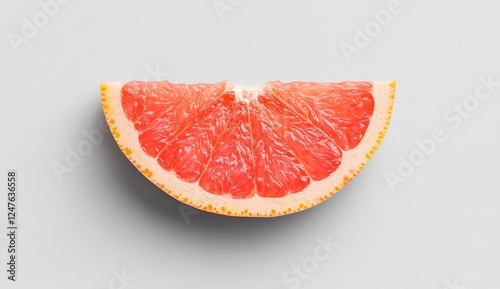 Close up view of a grapefruit slice, vibrant pink hue against a light gray background, displaying the texture of the fruit