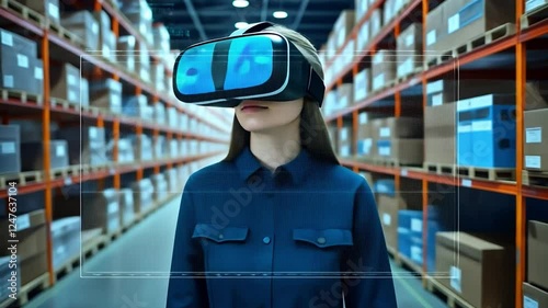 Wallpaper Mural Virtual Reality in the Warehouse: A woman wearing a virtual reality headset navigates a futuristic warehouse setting, surrounded by neatly organized shelves and boxes. Torontodigital.ca