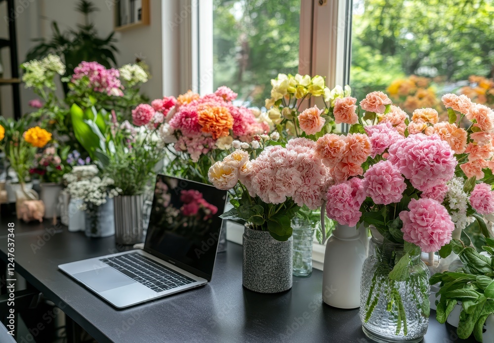 Fototapeta premium Colorful flower arrangements in various vases displayed on a dark table in front of a window with a laptop computer. Vibrant pinks, oranges, and