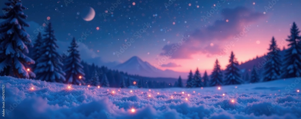 Fototapeta premium Abstract gradient overlay on a snowy landscape with glittering stars and bokeh lights, bokeh lights, starry night