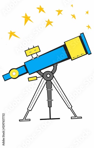 Illustration of a telescope on a white background. The telescope is blue and yellow, and it is pointed up at the sky. There are several yellow stars in the sky above the telescope