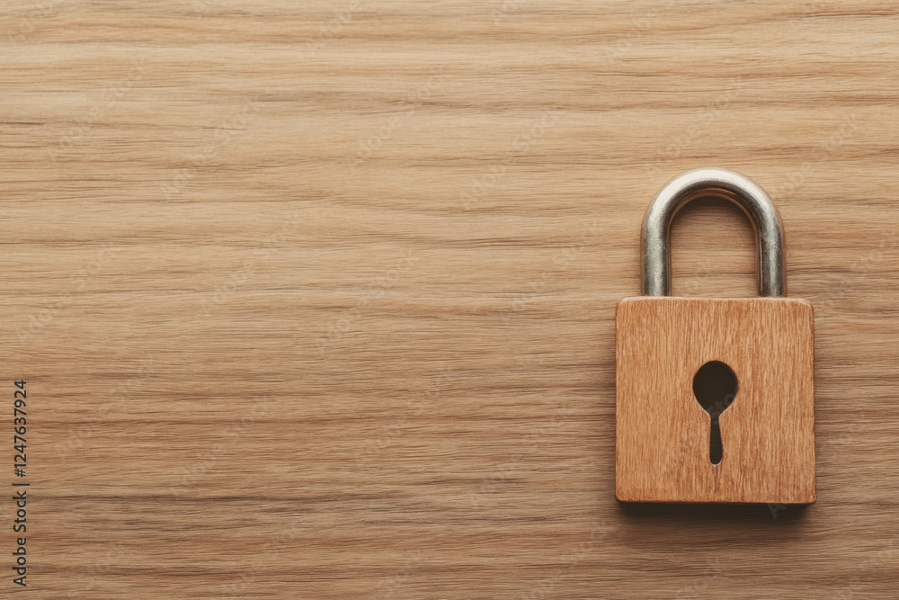 Fototapeta premium A wooden lock with a keyhole sits on a wooden surface