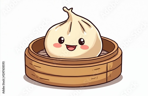 Cute cartoon dumpling with happy face sits in bamboo steamer. Traditional Asian cuisine illustration for kitchen decor culinary poster. Simple design with beige, brown colors. Perfect for food blog