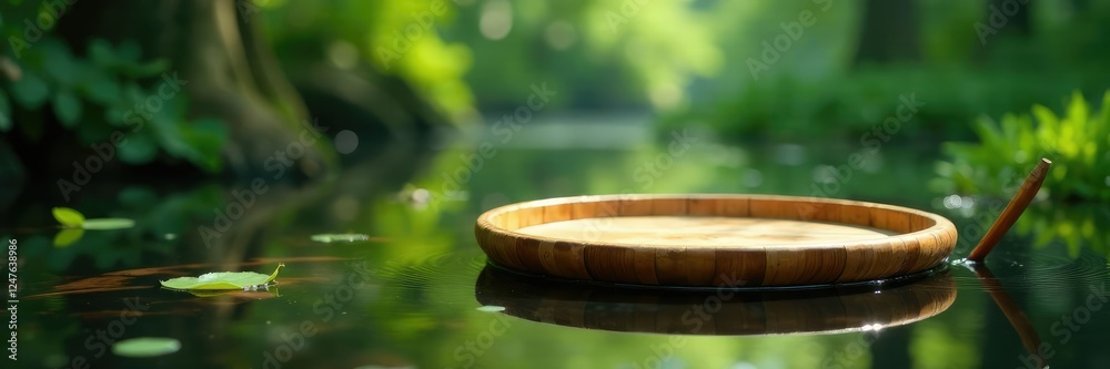 Bamboo tray rotates slowly over a calm forest pond, branches, leaves, peaceful Bamboo tray rotates slowly over a calm forest pond, branches, leaves, peaceful