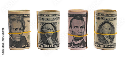 Bundles of various rolled up american dollar bills, banknotes, cash money rolls set isolated on white background
