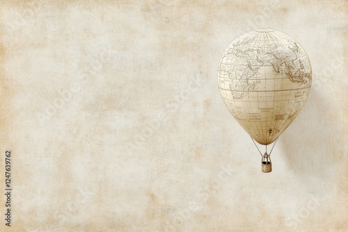 Antique map air balloon floating gently against parchment background photo