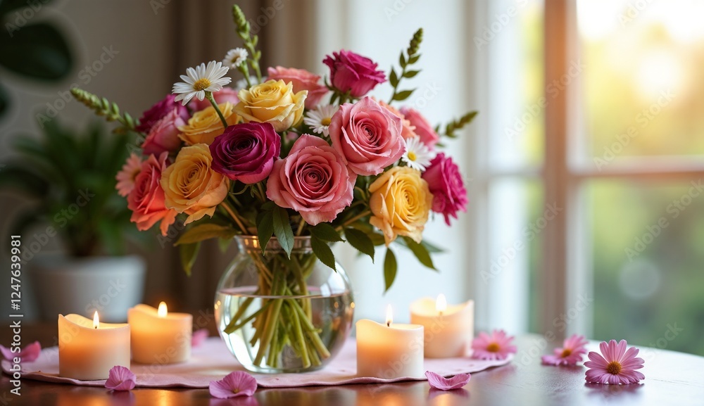 Obraz premium Colorful rose bouquet and candles for Women's Day celebration in cozy home interior