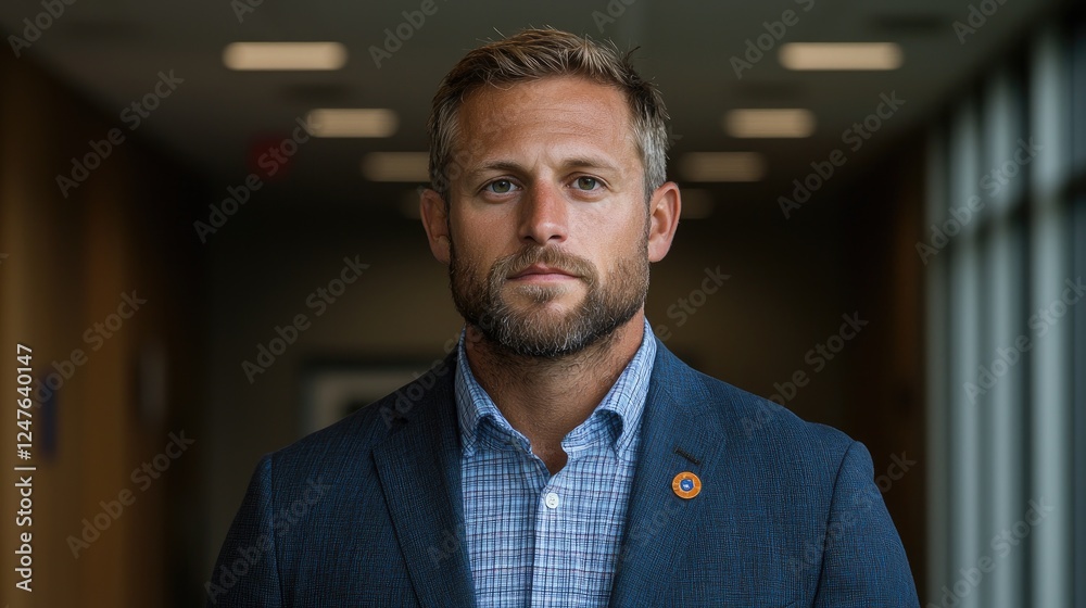 Confident man portrait, office hallway, serious expression, business professional Confident man portrait, office hallway, serious expression, business professional
