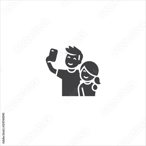 Minimalist representation of two stick figures posing together for a selfie, symbolizing friendship and modern communication through social media and technology.