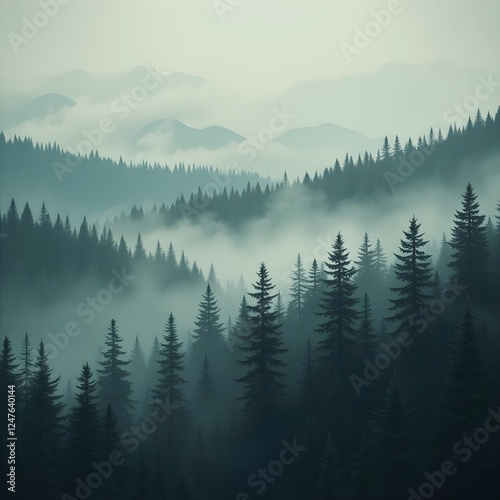 Paisaje brumoso con bosque de abetos en estilo retro vintage. IA generativa