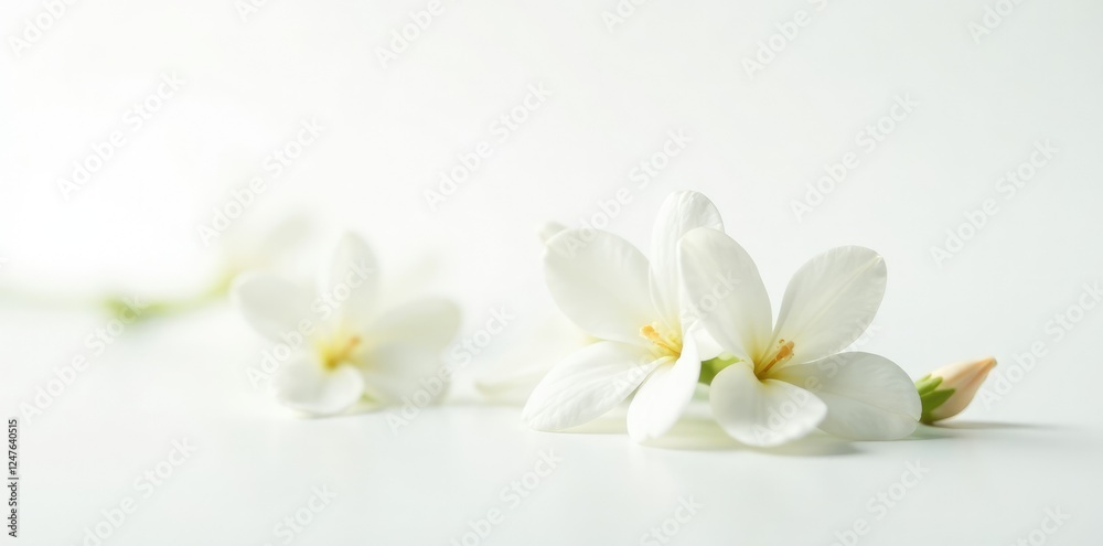 Obraz premium Delicate jasmine flowers isolated on a crisp white background, single stem, floral photography