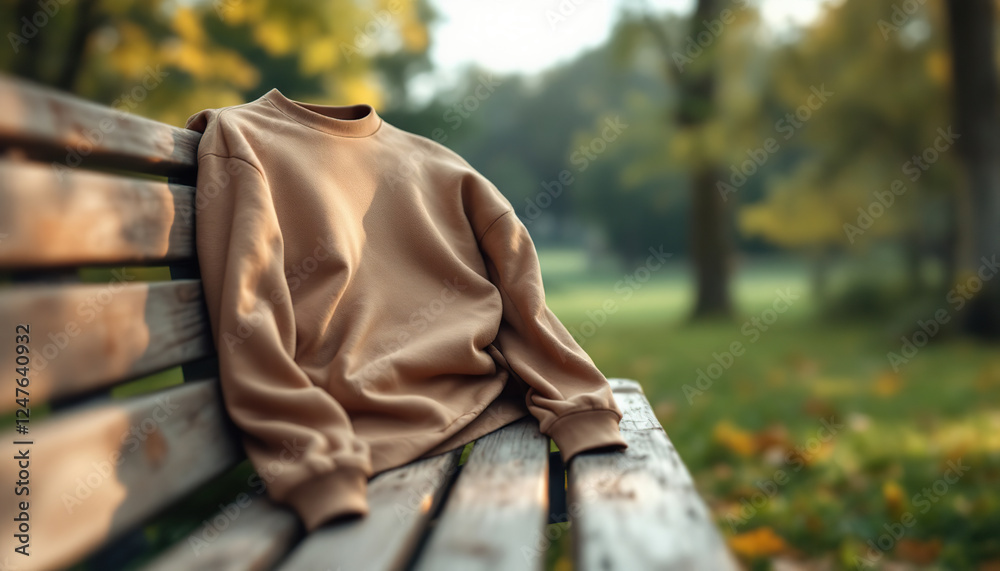 Fototapeta premium Camel Crewneck Sweatshirt on Park Bench Autumn Fashion