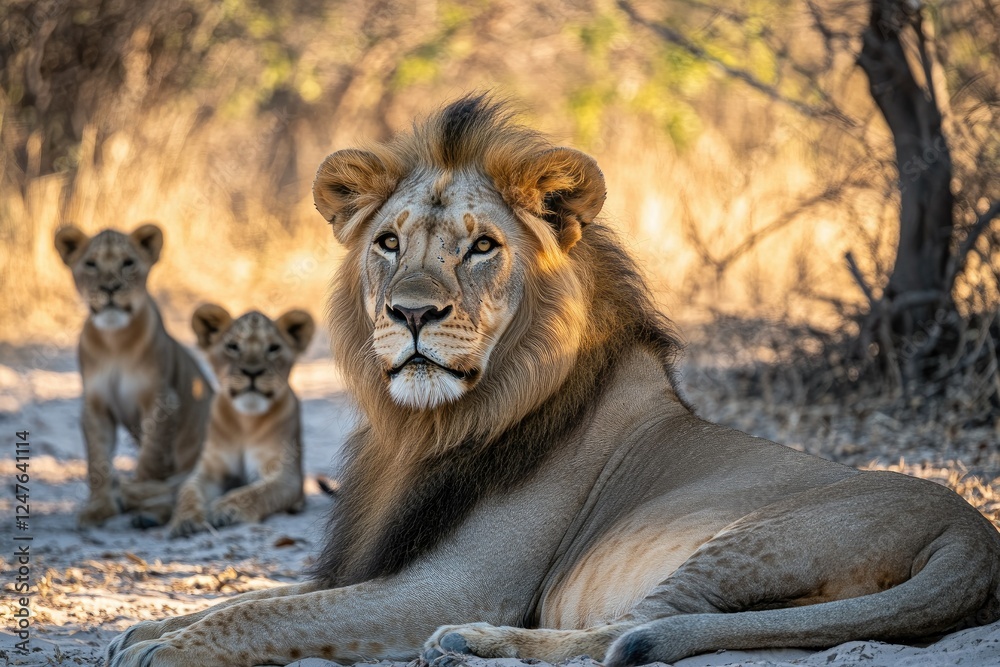 Naklejka premium Majestic lion and cubs resting in African savanna