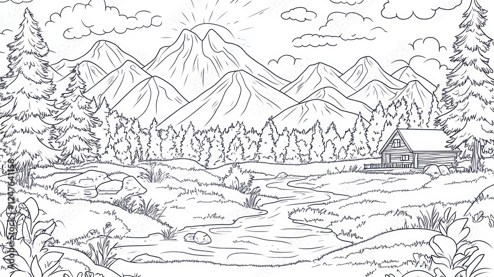 Mountain cabin stream landscape coloring page Mountain cabin stream landscape coloring page