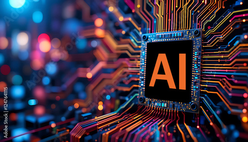 Futuristic AI chip with glowing circuit board, artificial intelligence, machine learning. advanced computing technology. colorful technology background. digital innovation, high-performance processing