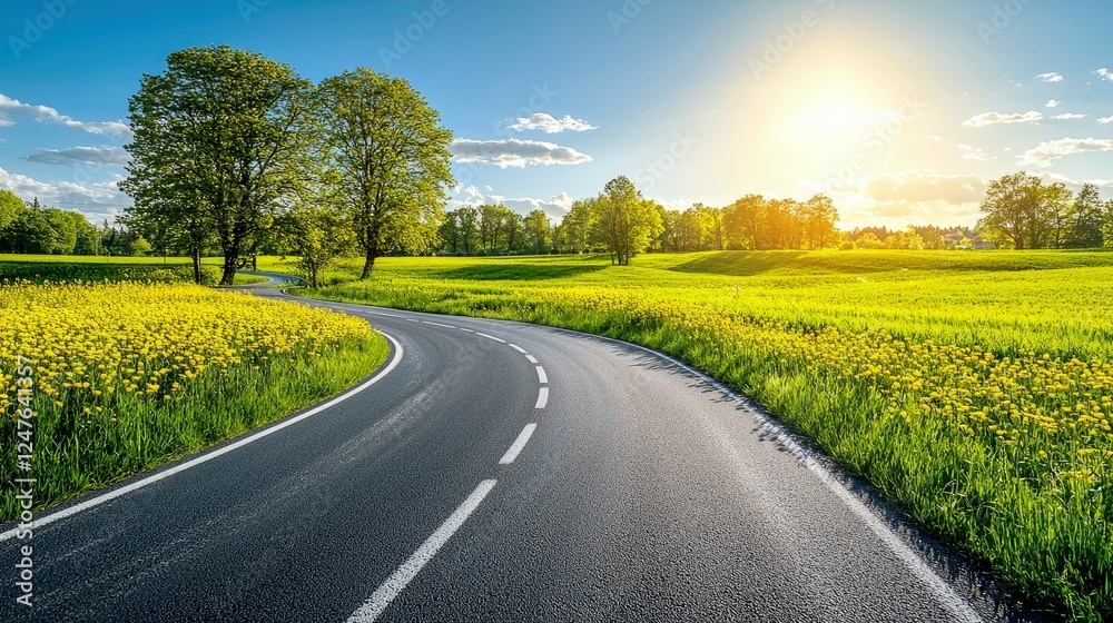 Naklejka premium Picturesque Country Road: A Serene Summer Drive through a Dandelion Field