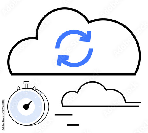 Large cloud with sync arrows, stopwatch, and motion lines conveying speed, process flow, and efficiency. Ideal for cloud computing, data transfer, technology, speed productivity time-saving