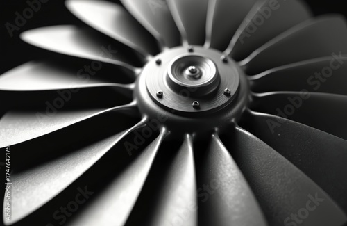 Closeup view of steel turbine blades. Precision engineering evident in intricate design of blades. Image highlights power, technology behind jet engines. Metal components show industrial