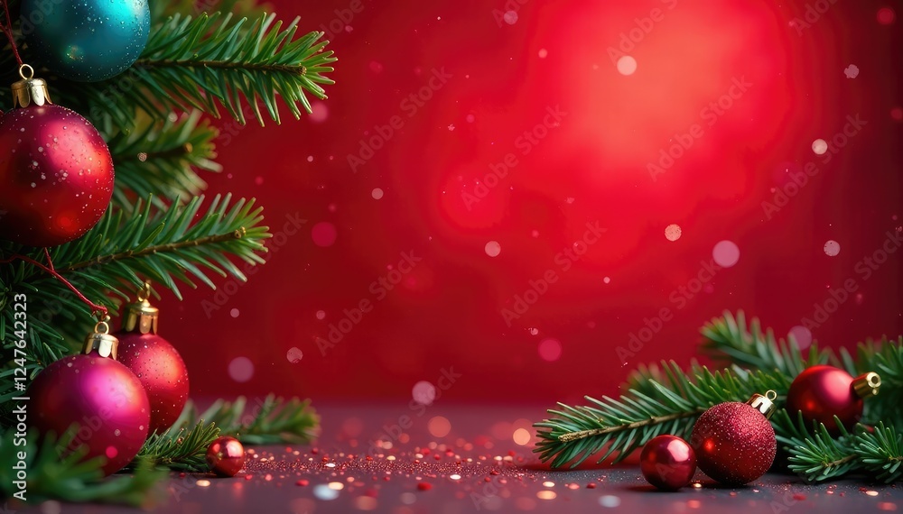 Glittering red backdrop with fir branches adorned with colorful glass balls, festive decorations, glittering, winter wonderland