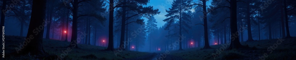 Fototapeta premium Nocturnal forest with glowing trees and dark sky, in the darkness of the forest, forest under starlight, mysterious forest landscape