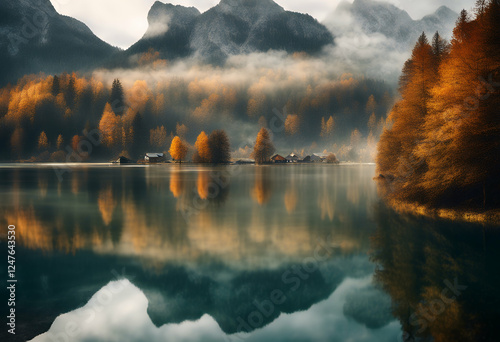 autumn austrian hintersee germany bavarian scene europe nature lake background concept morning view colorful border alps beautiful beauty panorama bavaria bayern german duck pond water island tree photo