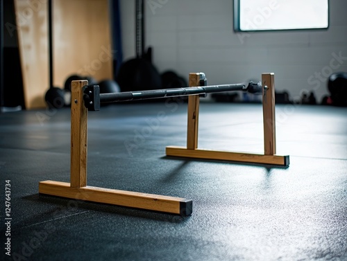 Wooden parallettes with barbell setup for calisthenics in a gym setting
