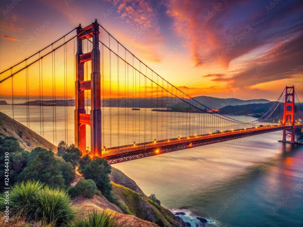 Fototapeta premium Iconic Golden Gate Bridge twilight, vintage photograph, San Francisco sunset.