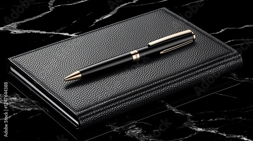 Black pen rests on leather notebook, marble background; business stationery photo