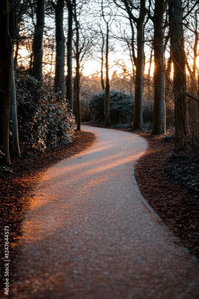 Golden hour sunlight illuminates a winding pathway through a winter forest, showcasing leaf covered ground and trees. The pathway is a light brown Golden hour sunlight illuminates a winding pathway through a winter forest, showcasing leaf covered ground and trees. The pathway is a light brown
