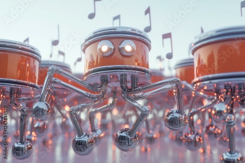 Metallic drum robots. AI. photo