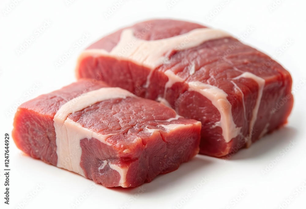 Raw pork meat pieces lie on white background. Pieces of meat different sizes. Meat deep red with visible white fat. Fresh, ready for cooking. High quality food product photo. Ideal for grocery store
