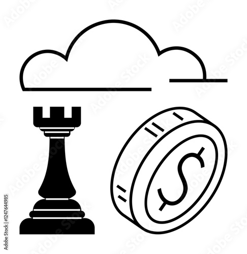 Cloud, chess rook, and coin with dollar sign represent technology, strategy, and financial management. Ideal for business planning, innovation, leadership, monetization digital transformation cloud