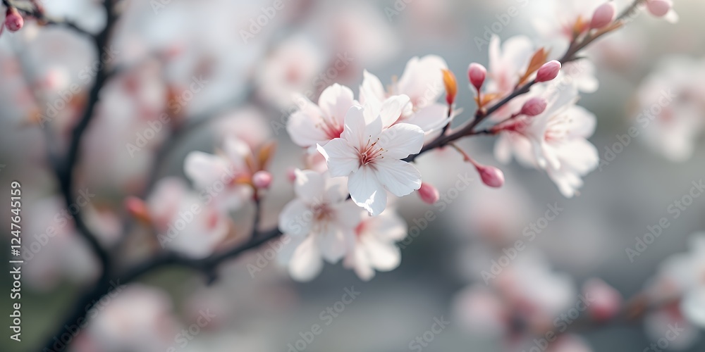 Delicate Cherry Blossom Flowers Blooming On A Branch With Soft Pink Petals Surrounded By Light In Early Spring Season Flowers On Branch Showing Delicate Bloom Details During Spring Season With Soft