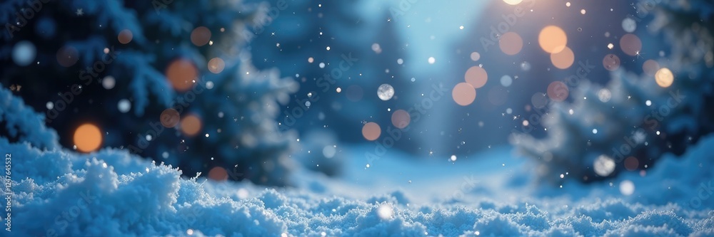 Fototapeta premium Snowflakes gently falling on a winter wonderland scene, frosty, snowflakes, lights