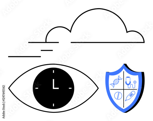 Eye with integrated clock, dynamic cloud, shield with medical and scientific symbols. Ideal for time management, health, security, education, innovation science and learning. Abstract line flat