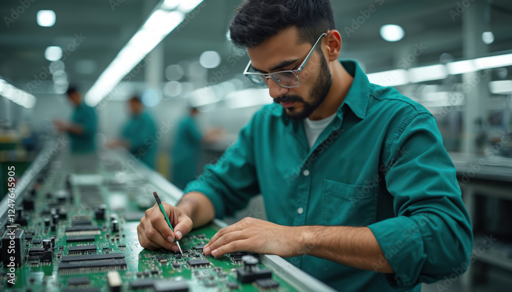 Naklejka premium Focused young male worker in teal shirt works on circuit board at factory assembly line. Concentrating on detailed tech assembly. Modern electronics manufacturing. Wears glasses, uses precision