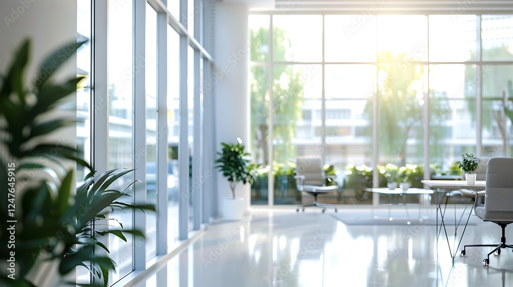 Fototapeta premium Blurred background of modern office interior with furniture and sunlight