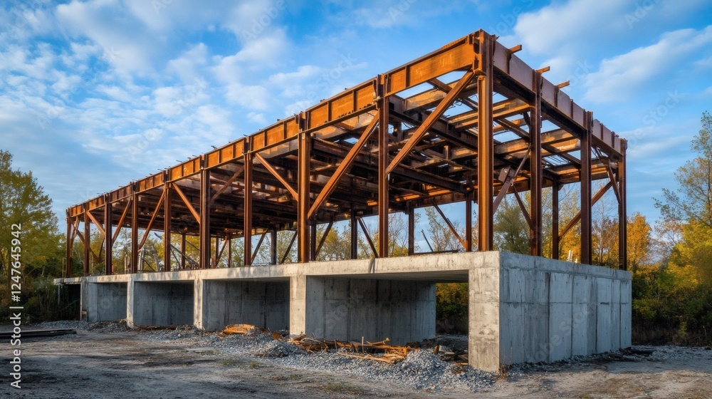 Steel Structure of a Building Under Construction Against a Blue Sky Steel Structure of a Building Under Construction Against a Blue Sky